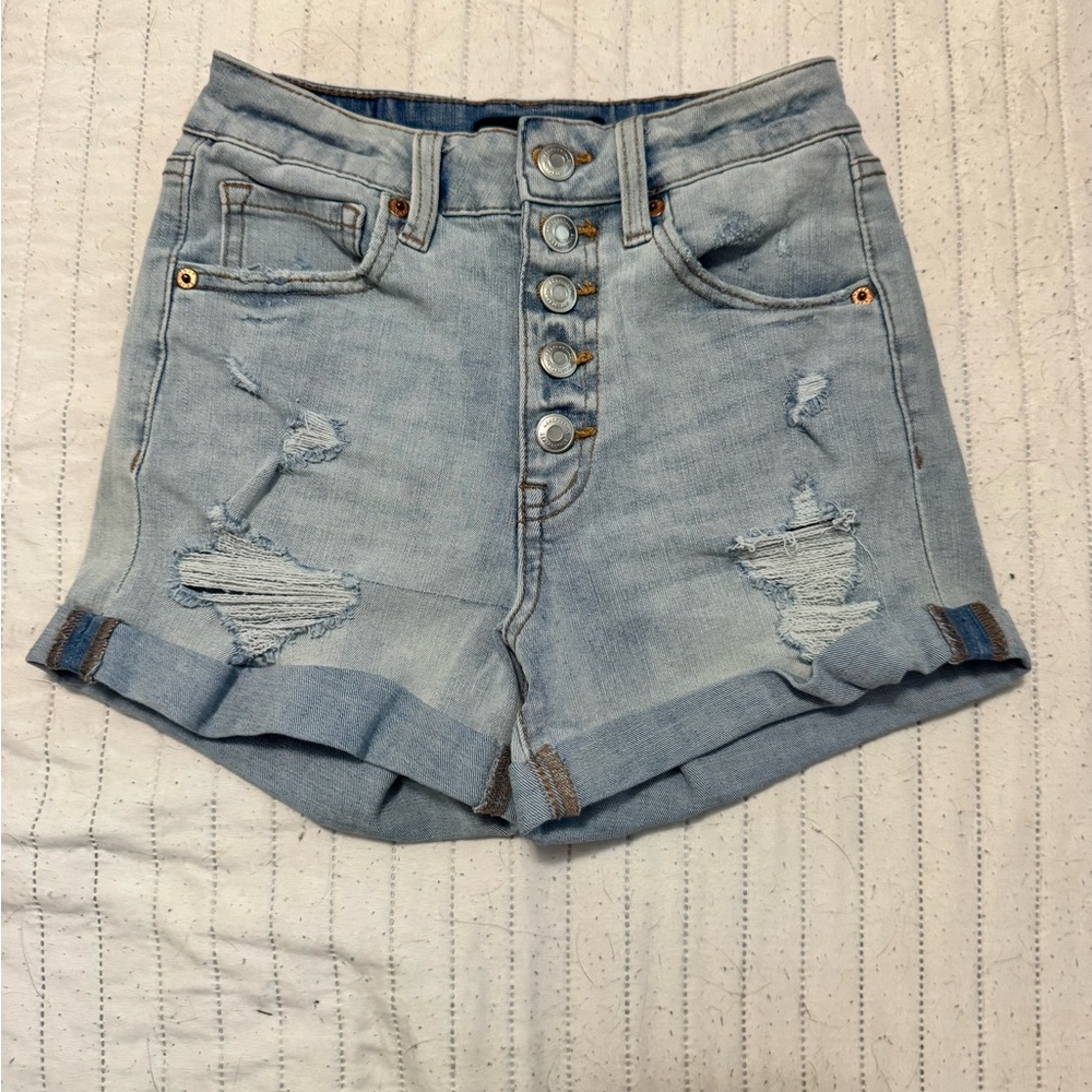 Aeropostale Light Blue Distressed Button-Front Denim Shorts